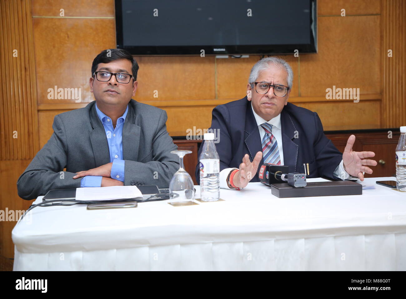 New Delh, India. 15th Apr, 2018. Harish R, Head of Sleep & Respiratory Care at Philips and Dr Sanjay Manchanda, Honorary Consultant. Chairperson Sleep Medicine Sir Ganga Ram Hospital addressing the media at Philips press conference during World Sleep Day, Philips India intensifies awareness on sleep disorders. Credit: Jyoti Kapoor/Pacific Press/Alamy Live News Stock Photo