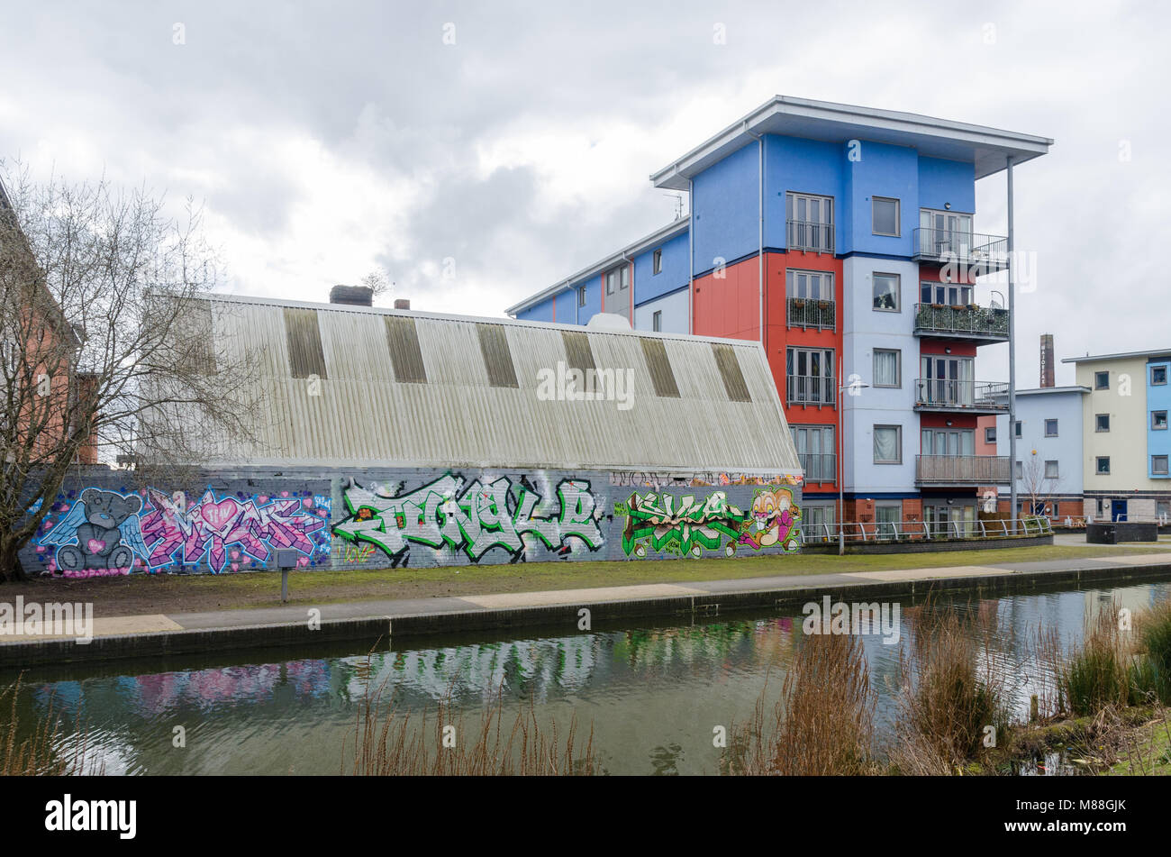 Modern canalside apartments in the West Midlands industrial town of Walsall Stock Photo