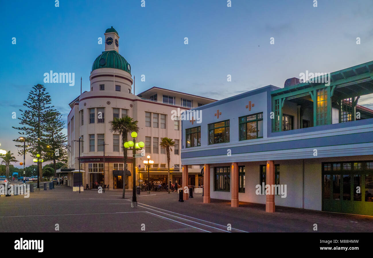 The beautiful art deco town of Napier, New Zealand - as summer night approaches. Stock Photo