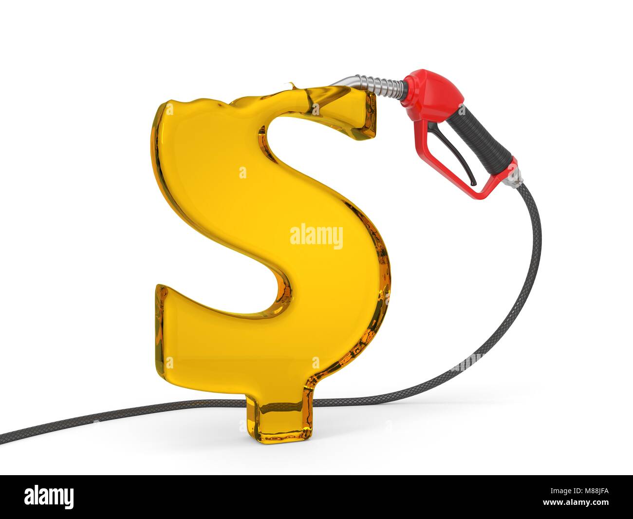 red fuel nozzle pumping fuel in dollar sign form. close up view. 3d