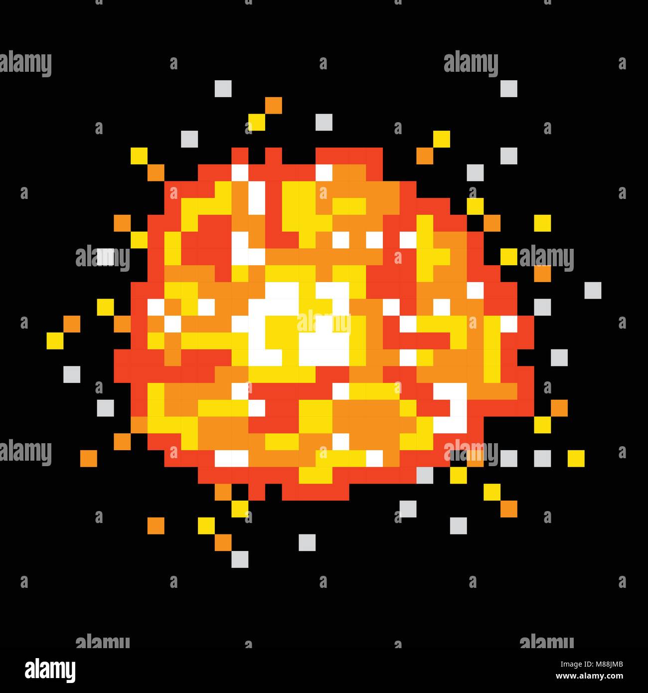 Vector 8 bit pixel art explosion background. Bright fire dissipation on black background Stock Vector