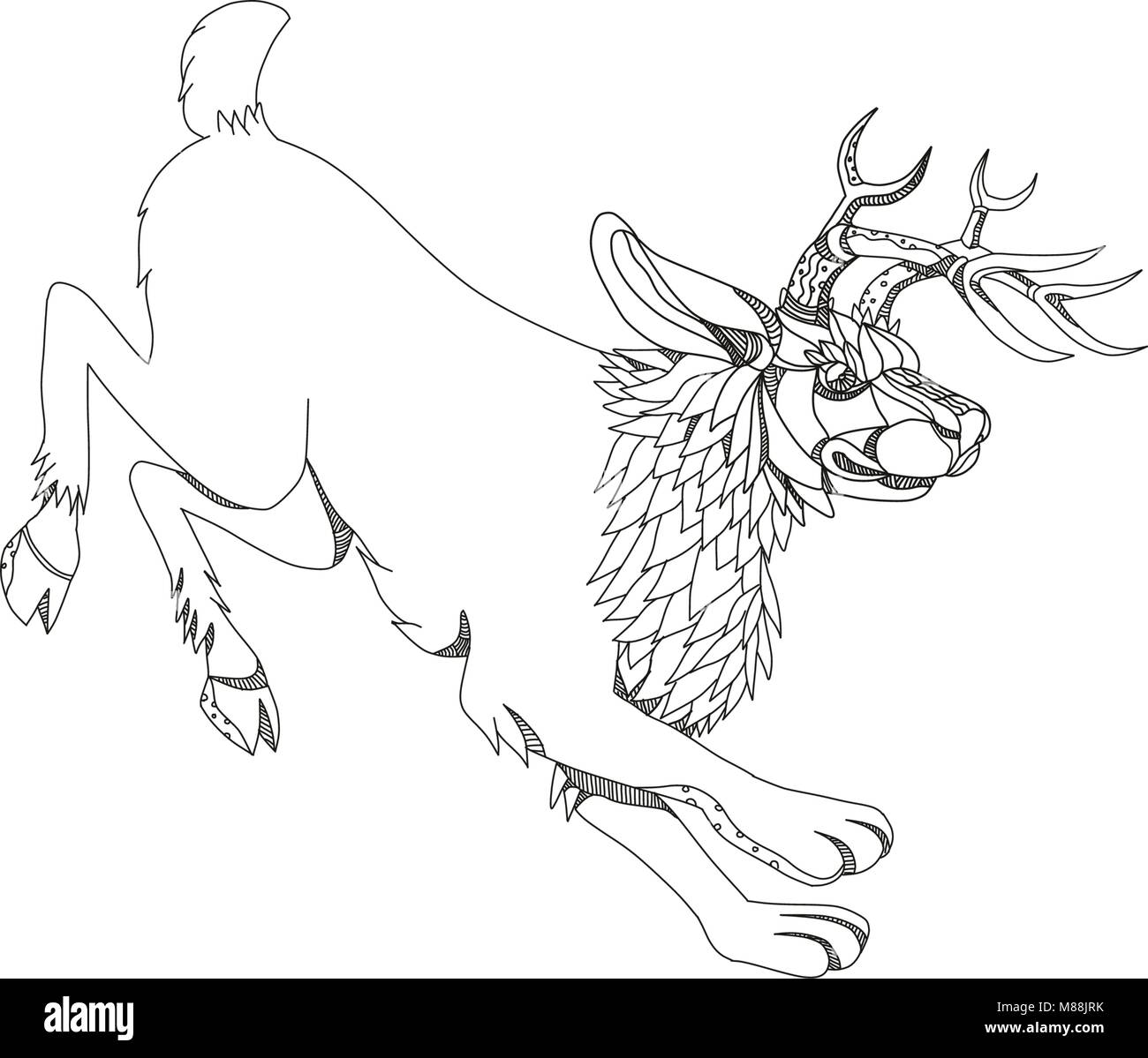 A collection of doodle art illustrations that includes the following mythical creatures from legend folklore; jackalope, krampus, skraver, wendigo and Stock Vector