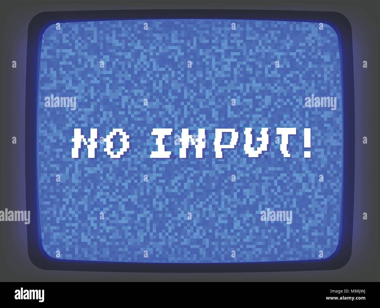Vector VHS blue intro screen of a videotape player with noise flickering and no input phrase. Retro 80 s style vintage blue pixel art background. Stock Vector