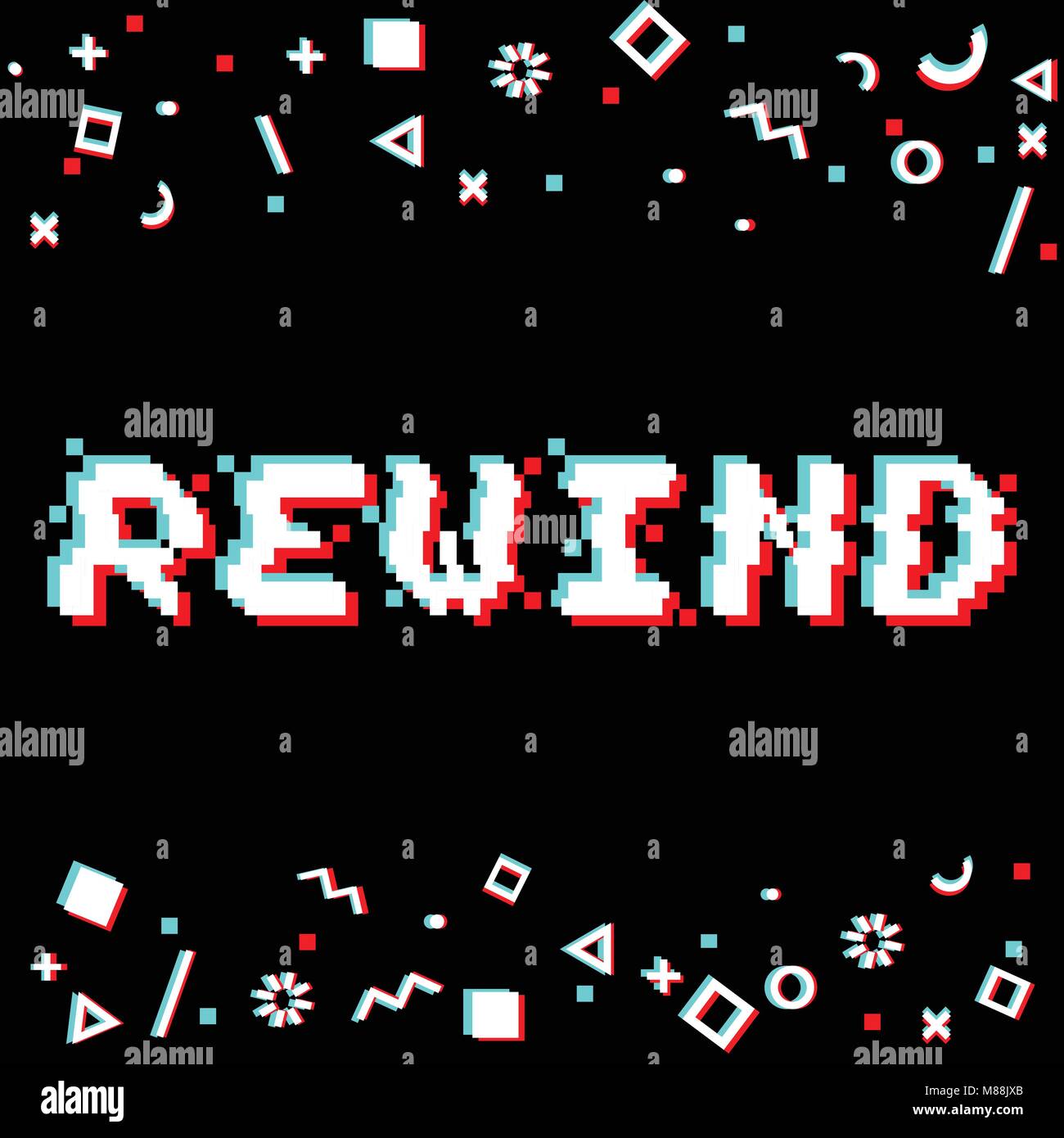 Vector rewind phrase in pixel art 8 bit style with glitch VHS effect
