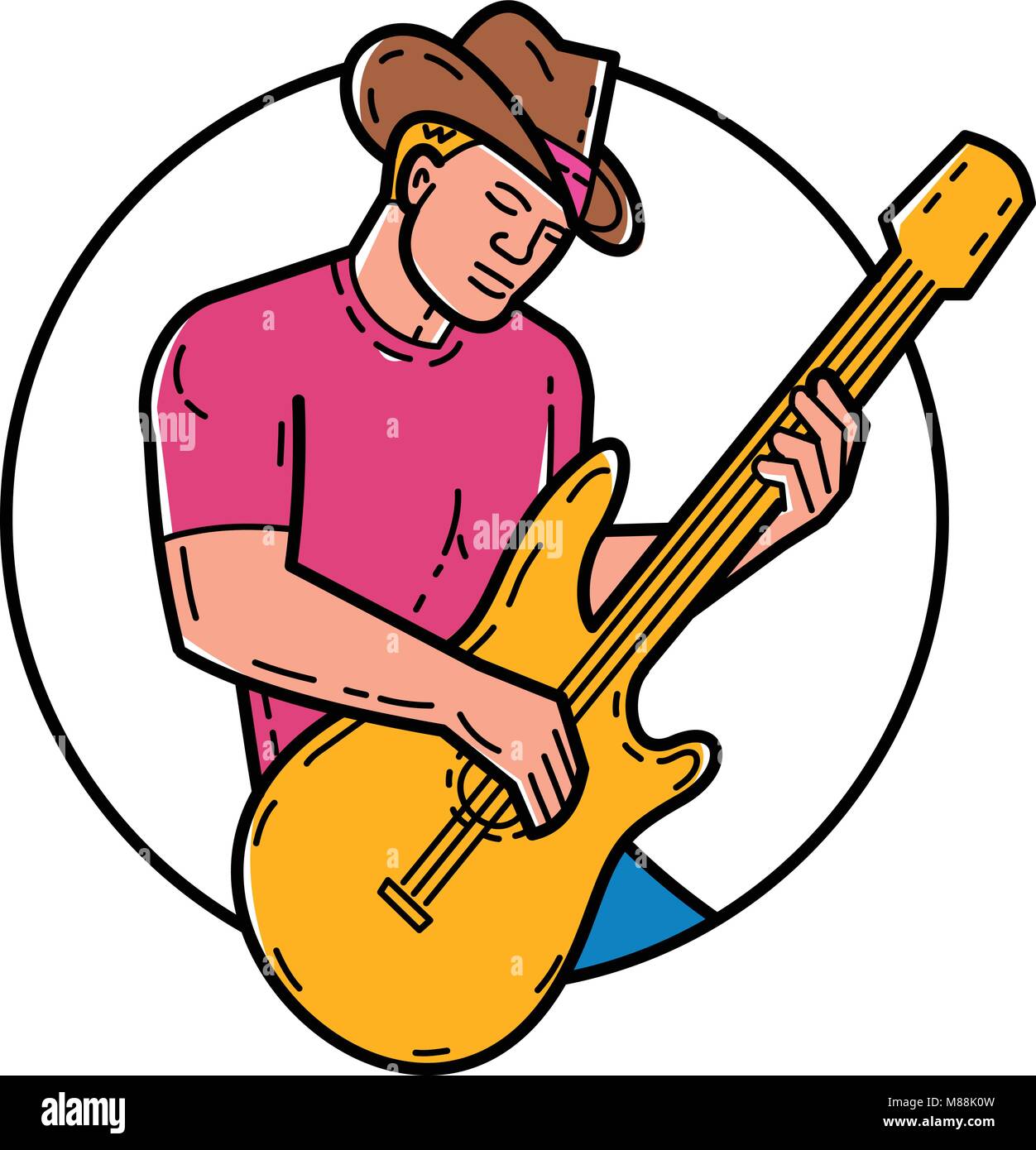 Mono line illustration of cowboy rocker, guitarist, band member, musician or guitar player, playing the guitar set inside circle done in monoline styl Stock Vector