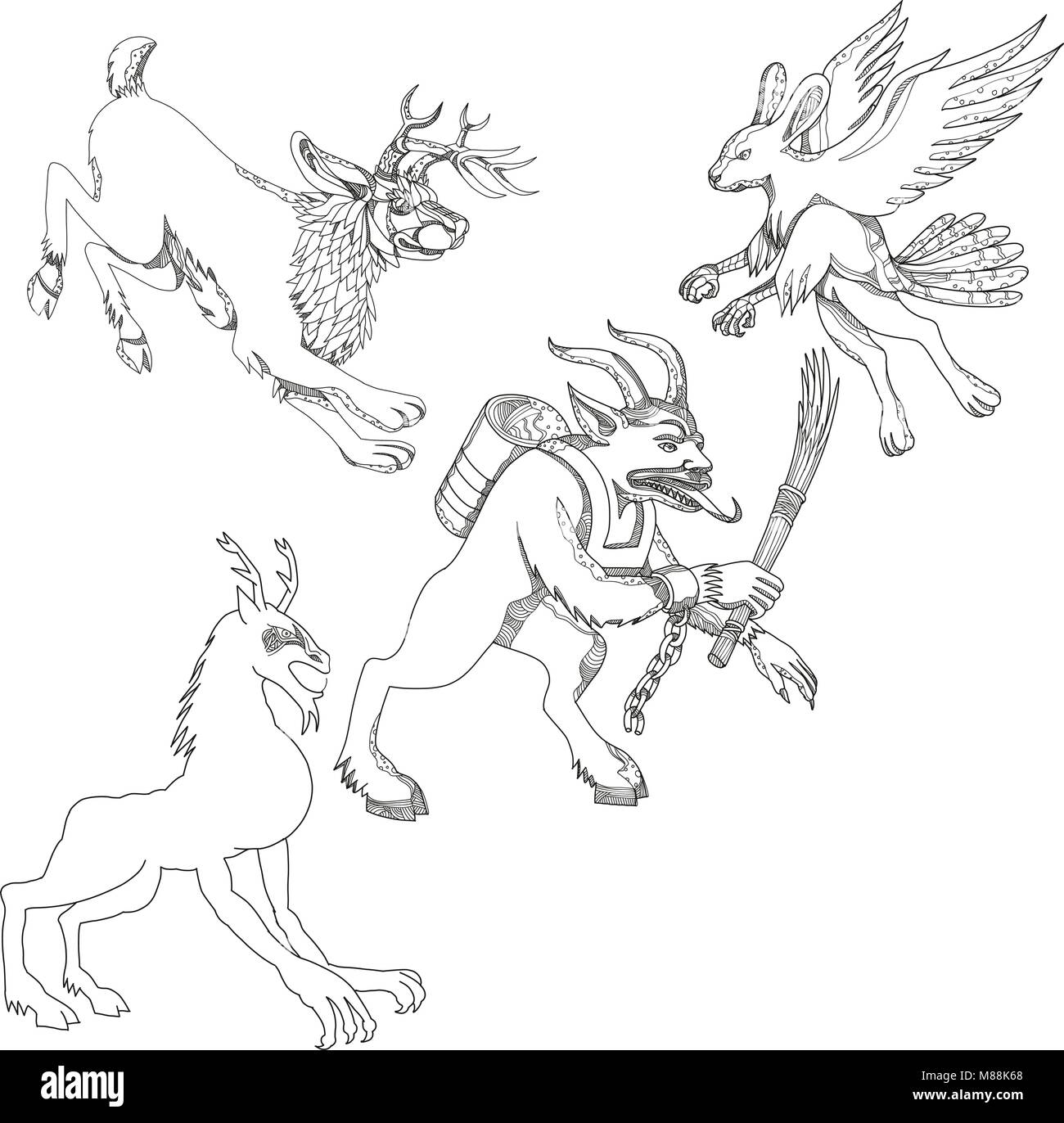 A collection of doodle art illustrations that includes the following mythical creatures from legend folklore; jackalope, krampus, skraver, wendigo and Stock Vector