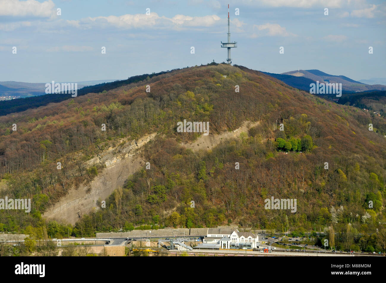 Two secret Nazi German underground structures inside and 142 m Jakobsberg Telecommunication Tower on the top of Jakobsberg in Wesergebirge (Weser Hill Stock Photo