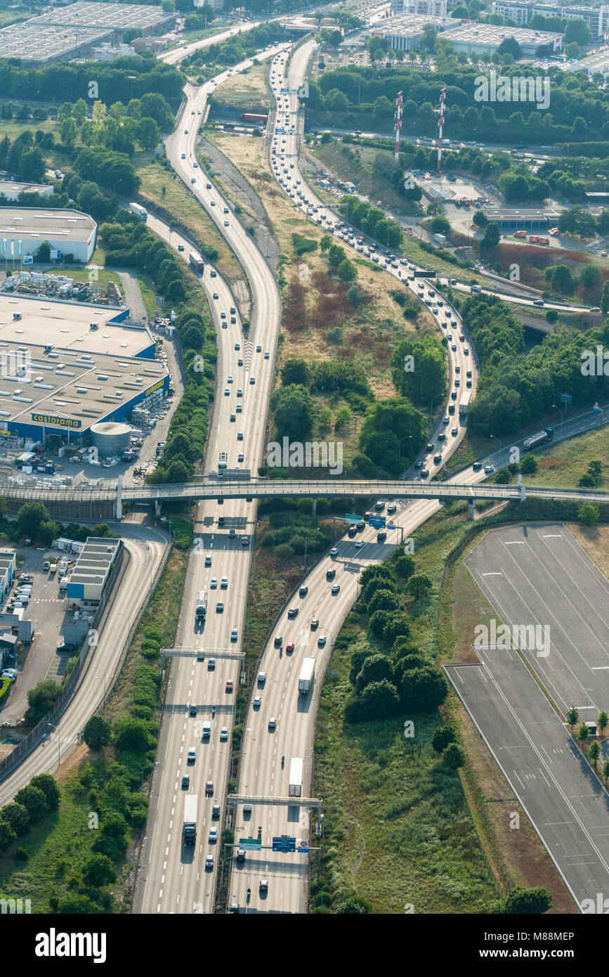 Aerial image of highway crossing near Orly, south Paris of A6a and A6b; France Stock Photo