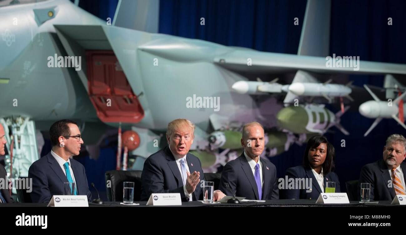 U.S President Donald Trump during a roundtable discussion on tax policy at the Boeing Building 75 March 14, 2018 in St. Louis, Missouri. Stock Photo