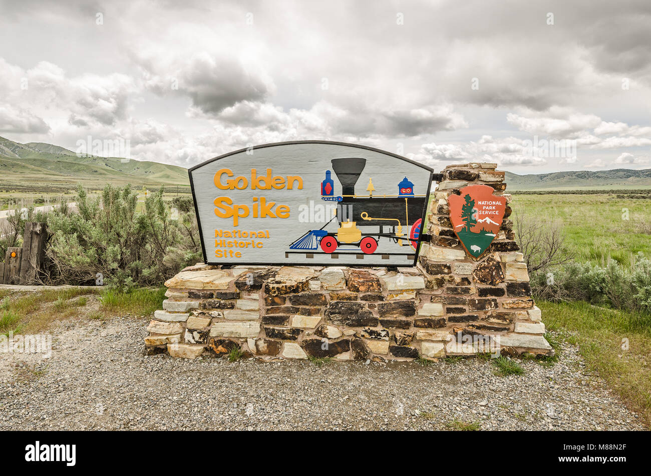 National Park Service sign for the Golden Spike National Historic Site in northern Utah Stock Photo