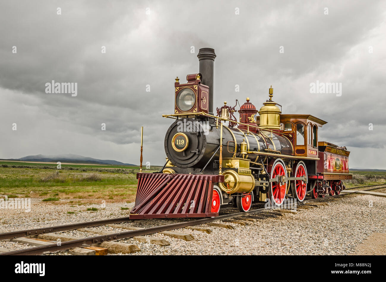 Replica of the Union Pacific locomotive No. 119 at Promontory Summit, Utah Stock Photo
