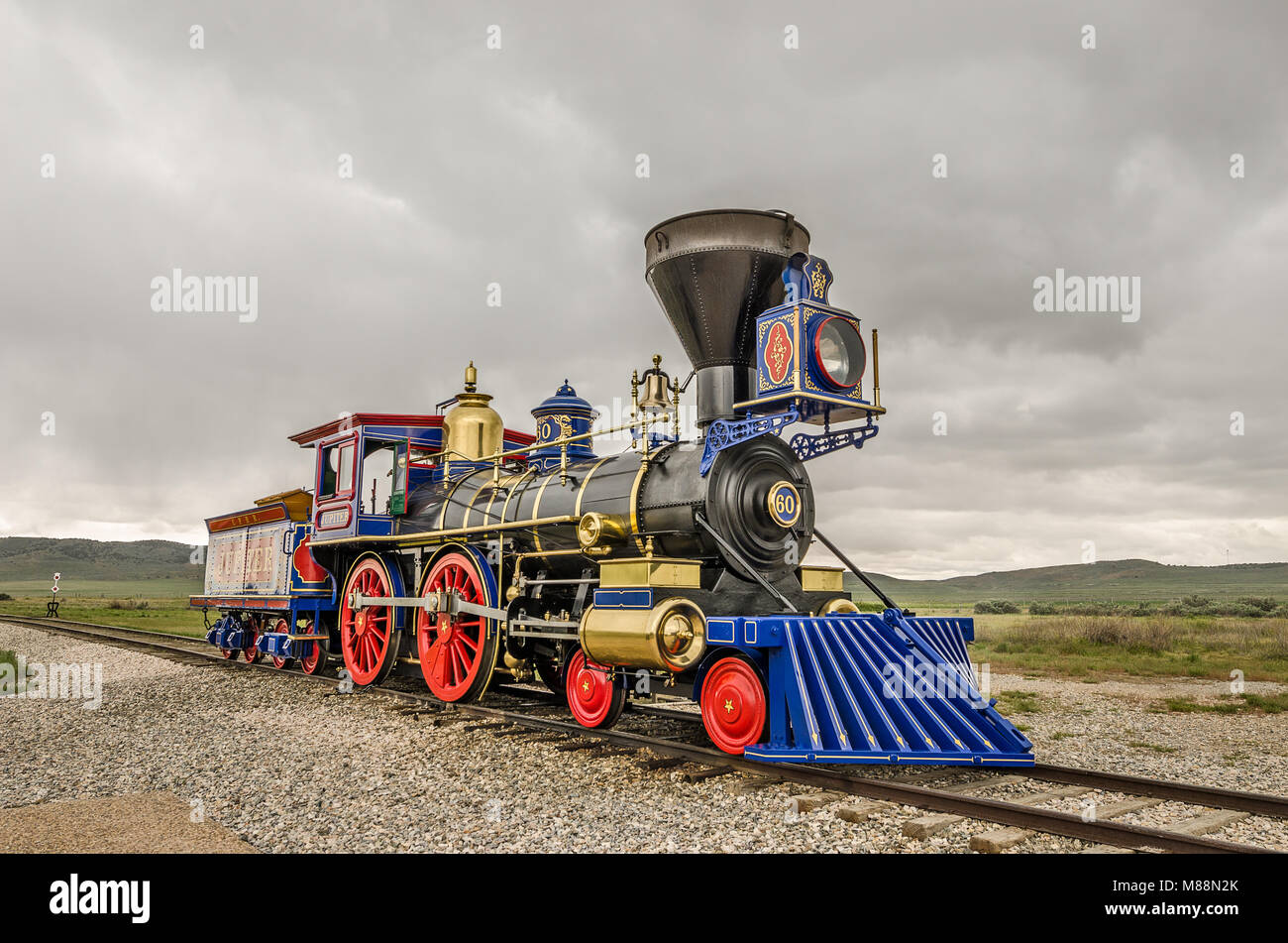 Replica of steam locomotive Jupiter at the Golden Spike National Historic Site in Utah Stock Photo