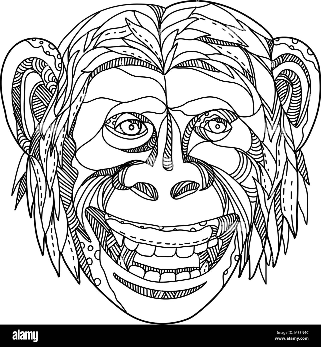 Doodle art illustration of head of a humanzee, apeman caveman or Neanderthal, a chimpanzee/human hybrid or an early human with traits of apes and huma Stock Vector