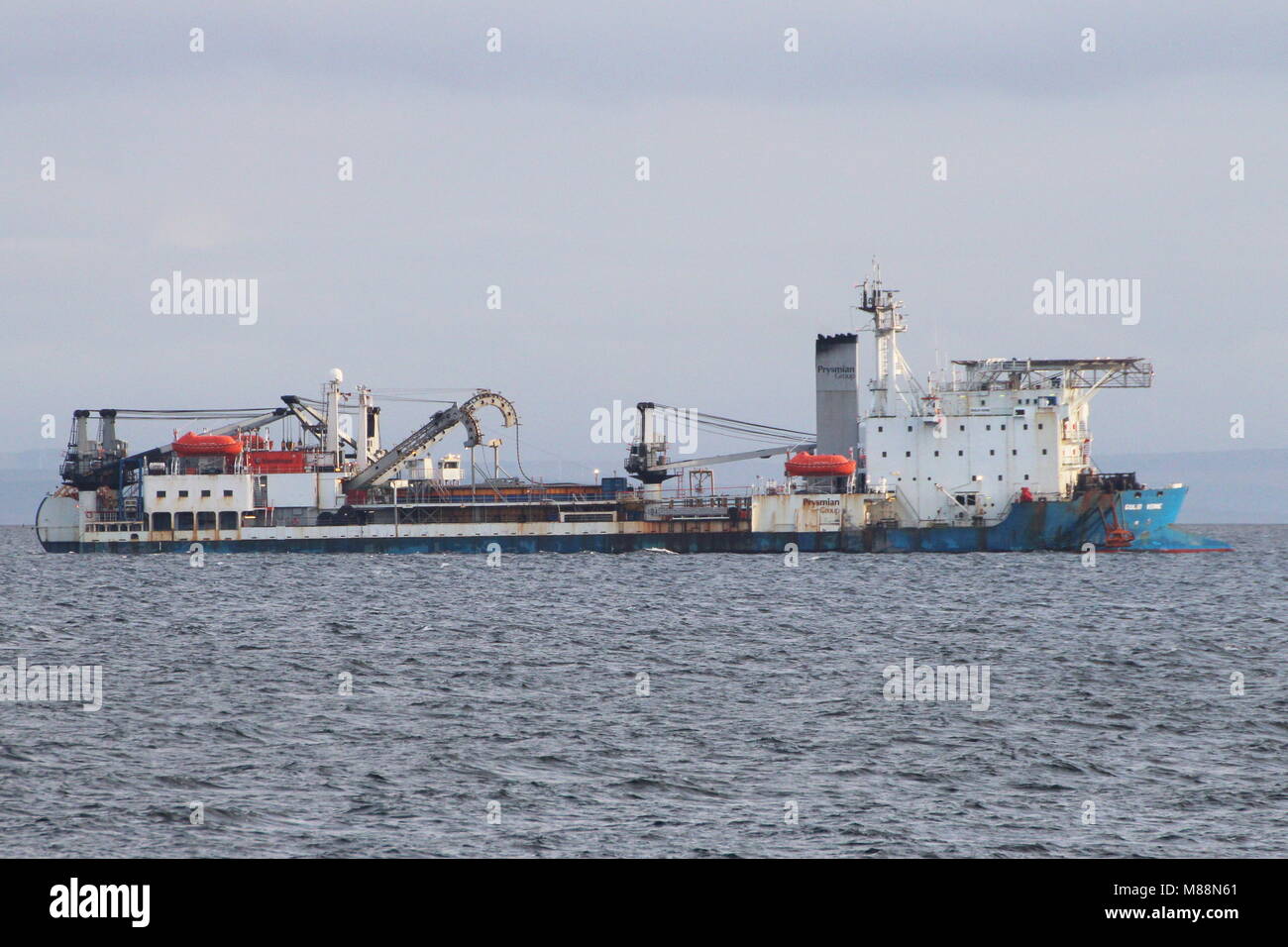 The cable laying vessel CS Giulio Verne, off Portencross on the Ayrshire coast. Stock Photo