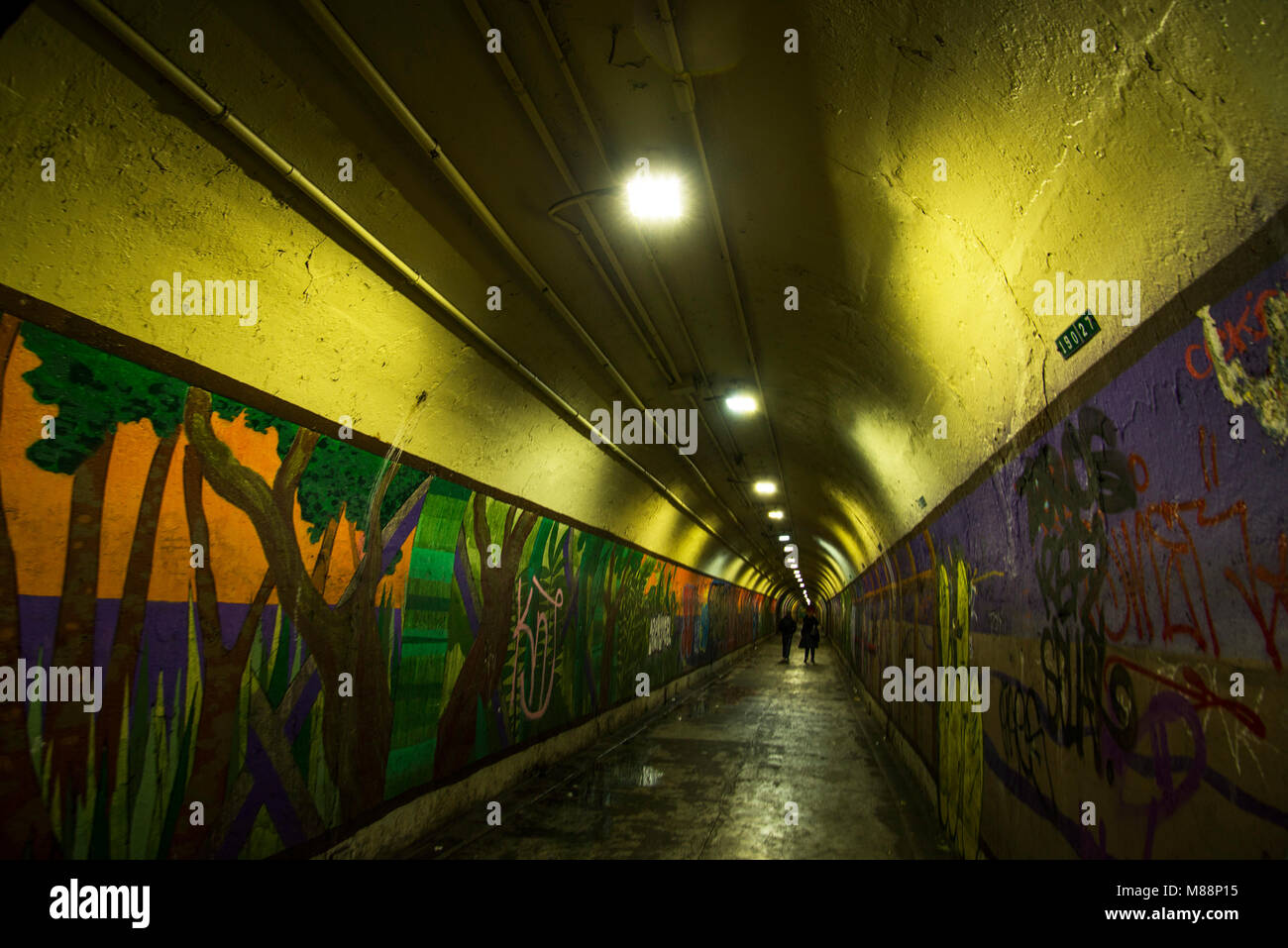 New York subway tunnel filled with graffiti Stock Photo
