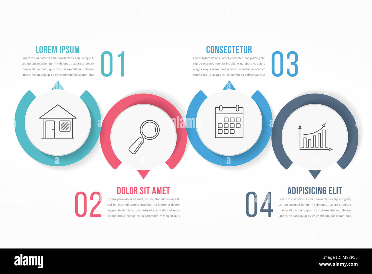 Process diagram template with circles, flowchart or workflow with four