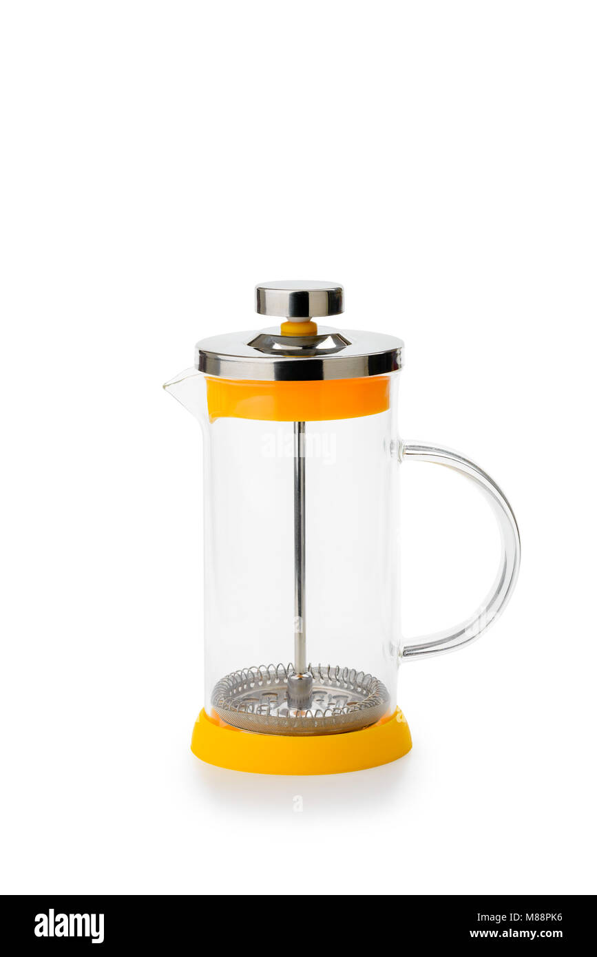 Empty glass French press for coffee and tea, isolated on white