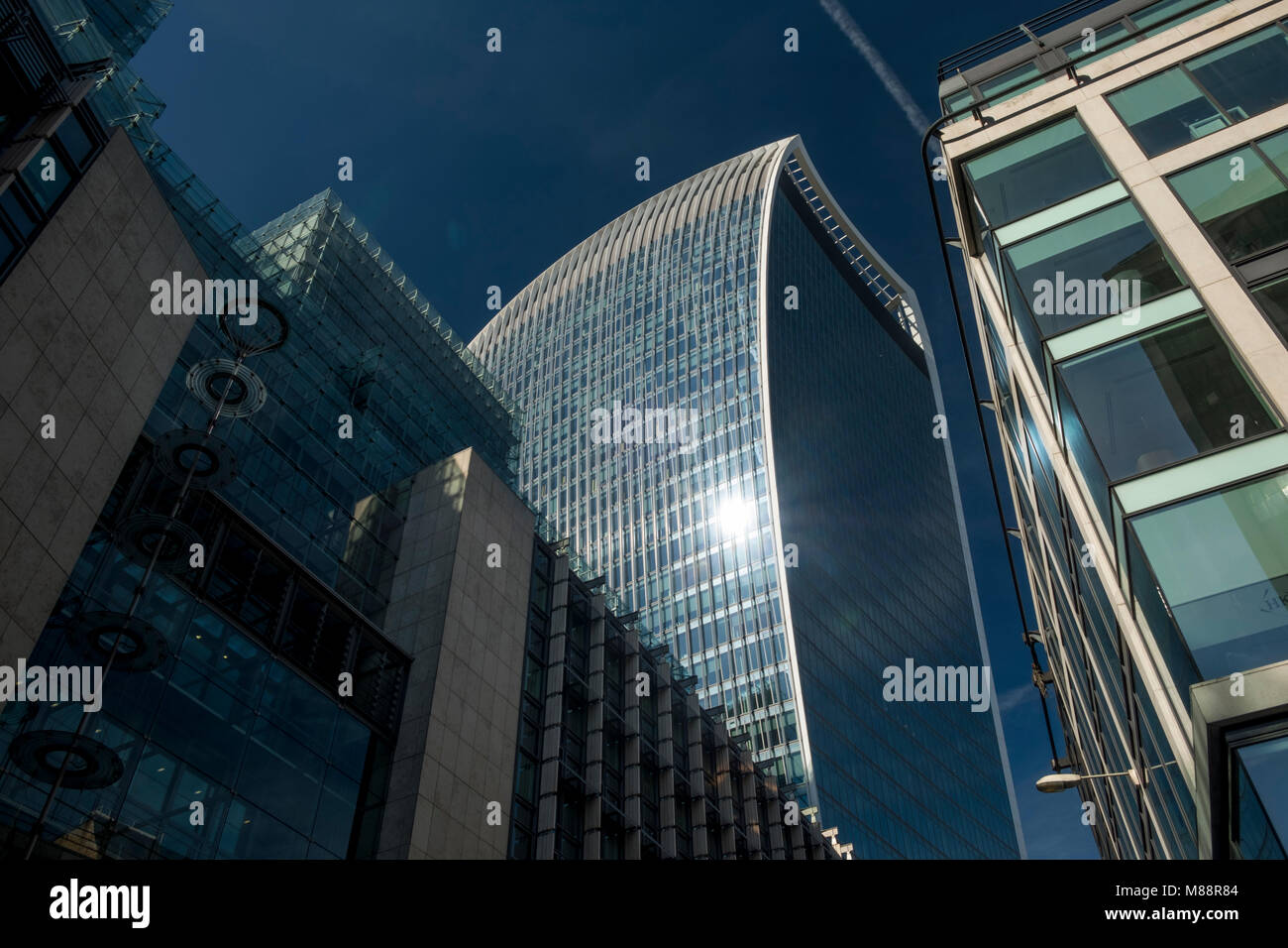 Shot looking directly up at the Walkie Talkie Building from Fenchurch Street London. Stock Photo