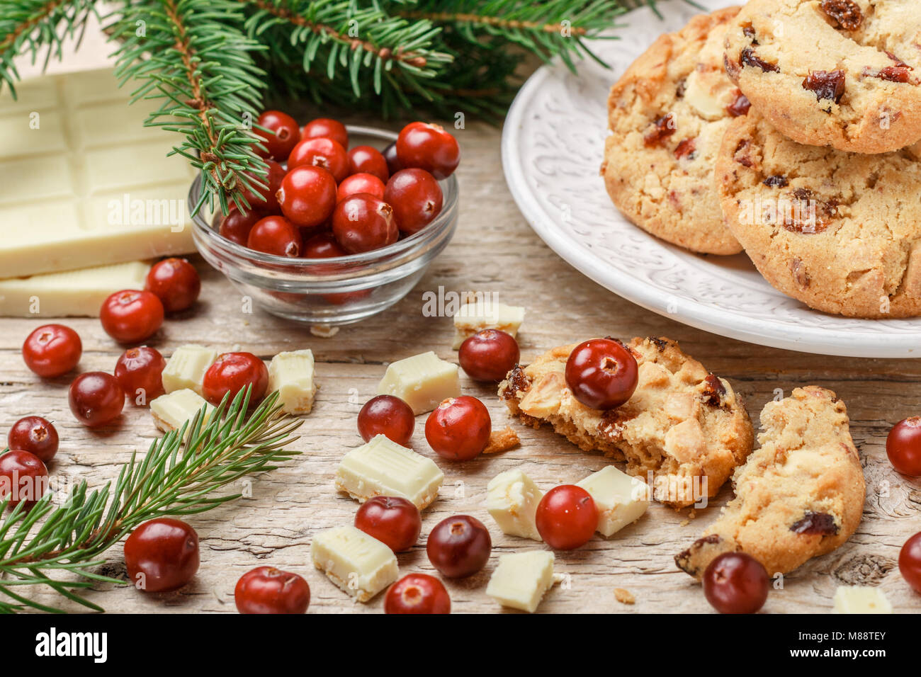 Homemade Christmas Cranberry Cookies With White Chocolate In A Bowl On 