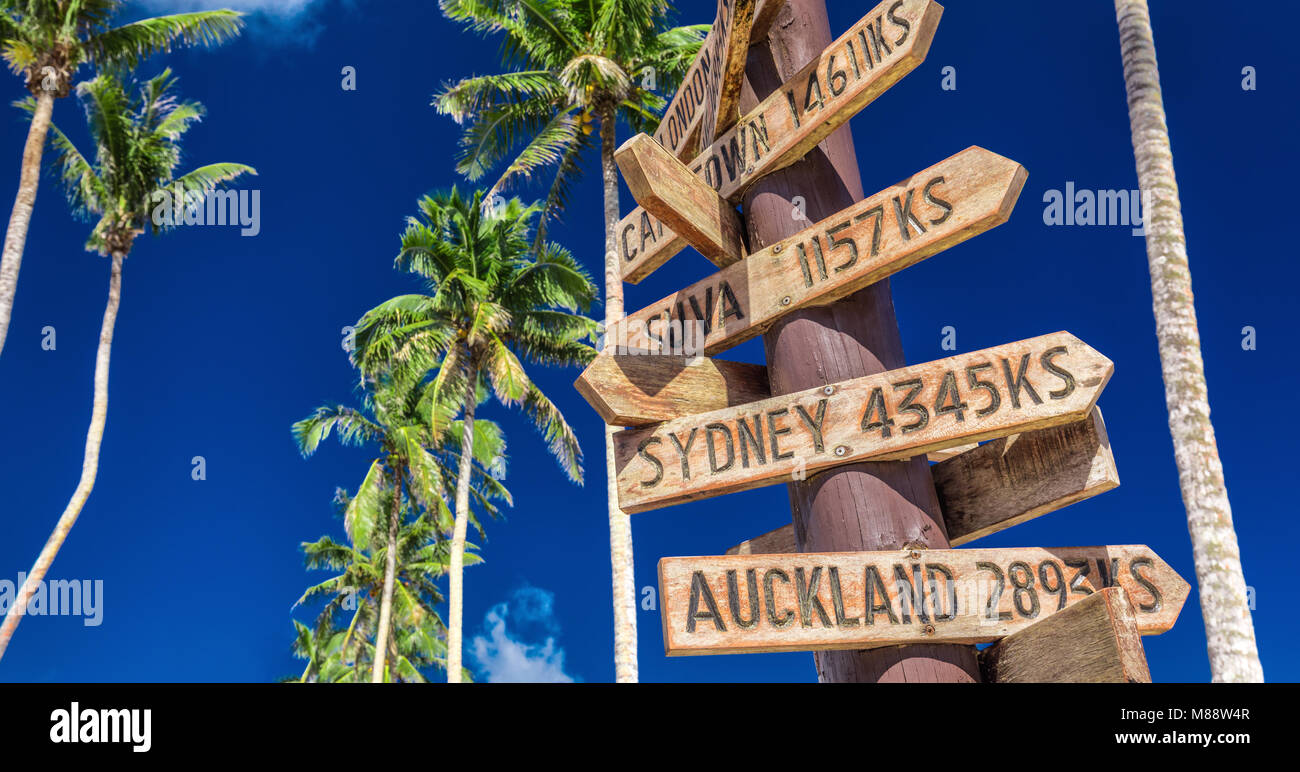 Street sign on the beach indicating directions to different places of ...