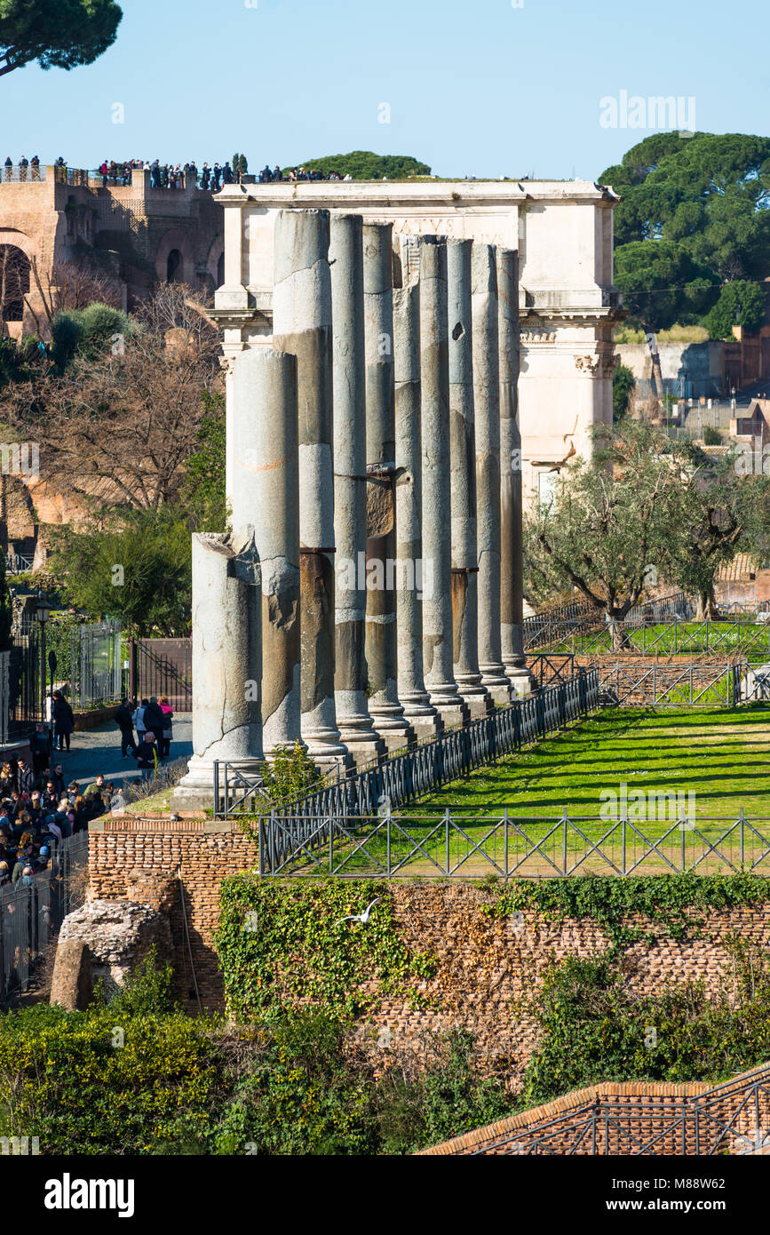 Temple of Venus and Roman Corinthian Columns, Roman Forum, Rome Italy. Largest temple in ancient Rome, dedicated in 141AD by Emperor Hadrian Stock Photo