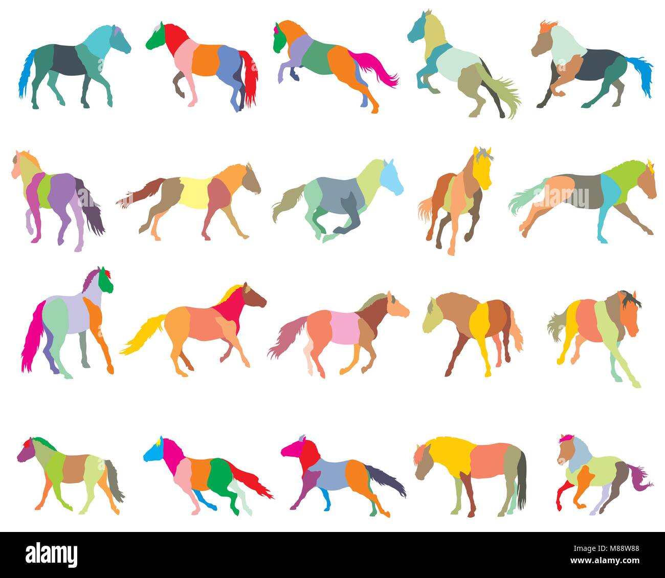 Set of mosaic vector colorful trotting and galloping horses (Norwegian fjord pony) silhouettes isolated on white background Stock Vector