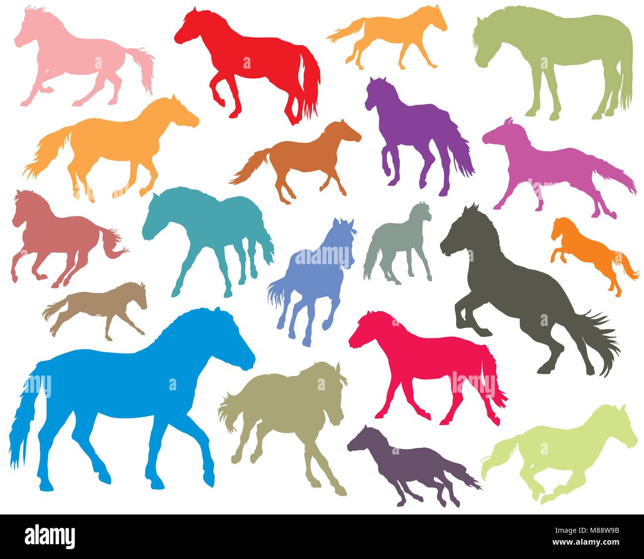 Vector isolated colorful standing, trotting and galloping horses (Norwegian fjord pony) silhouettes on white background Stock Vector