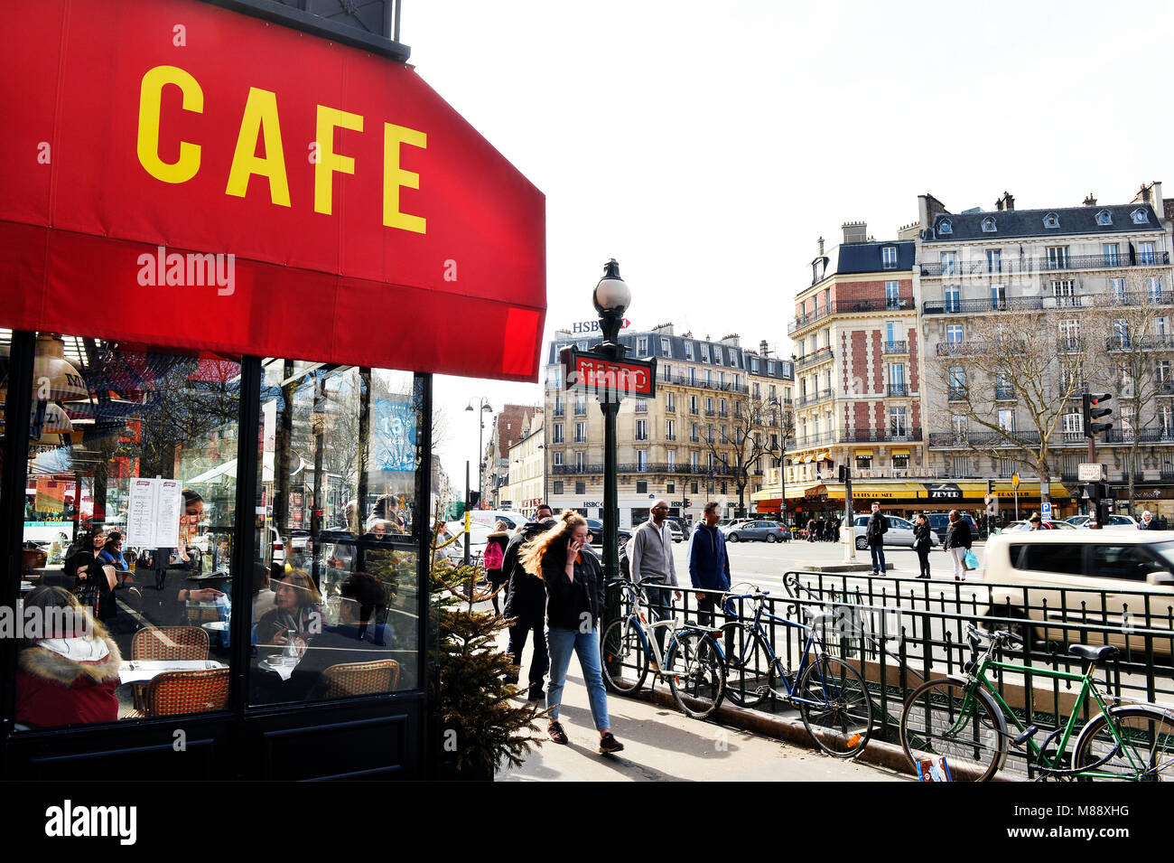 Café and metro station, Place d'Alesia, Paris 14th, France Stock Photo