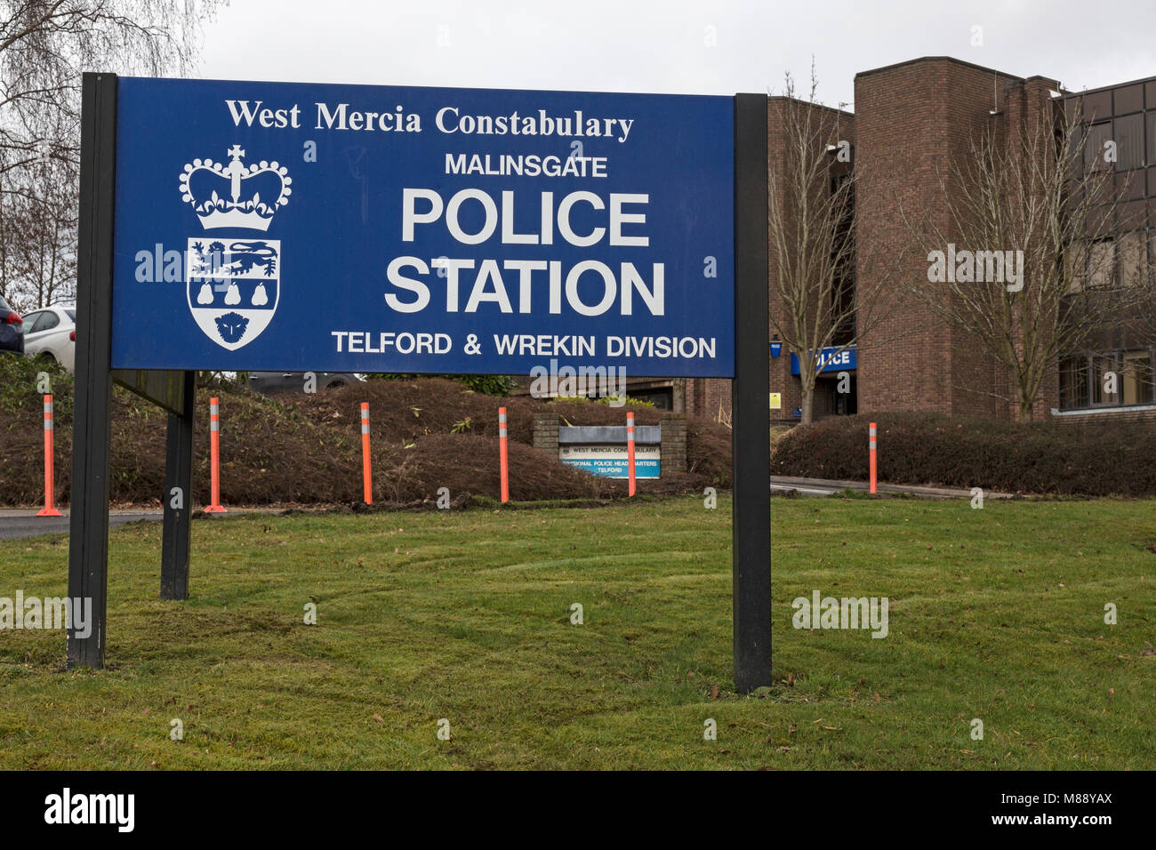 Entrance to the main Police Station in Telford Town Centre (Mallinsgate), Shropshire, England. Stock Photo