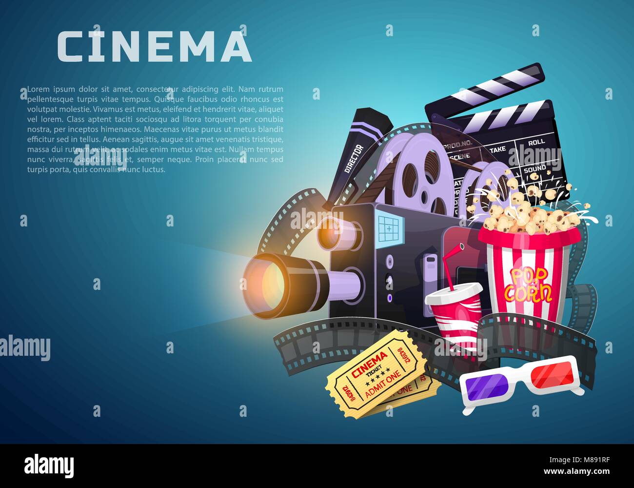 Movie elements set. Vintage cinema, entertainment and recreation with