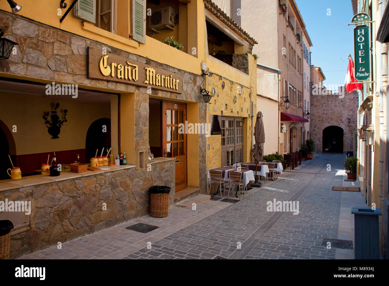 Creperie Grand Marnier, at opposite the hotel La Ponche, old town of Saint-Tropez, french riviera, South France, Cote d'Azur, France, Europe Stock Photo