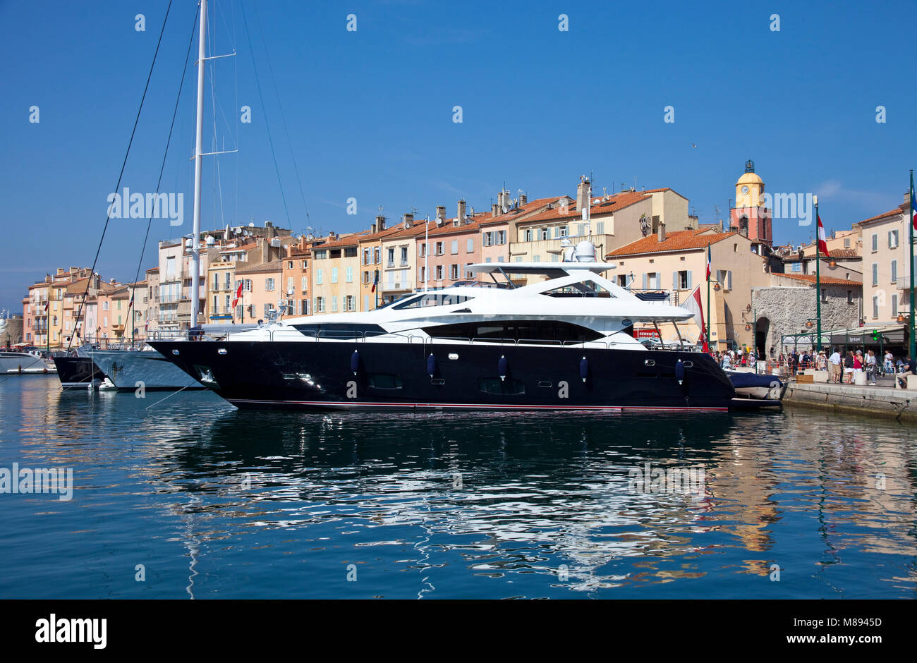 Luxury yacht at harbour of Saint-Tropez, french riviera, South France, Cote d'Azur, France, Europe Stock Photo