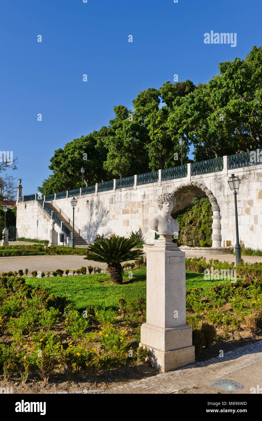 Miradouro de São Pedro de Alcantara is a garden with a panoramic view across the city to St. George's Castle and central Lisbon, Portugal Stock Photo