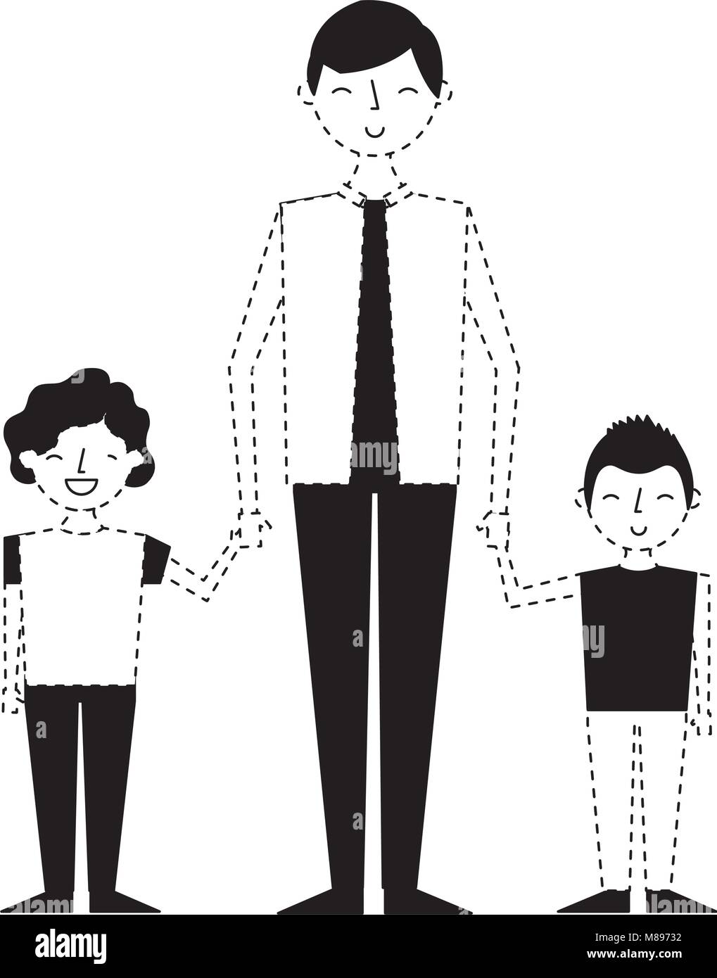 young man holding hands of two kids vector illustration monochrome ...