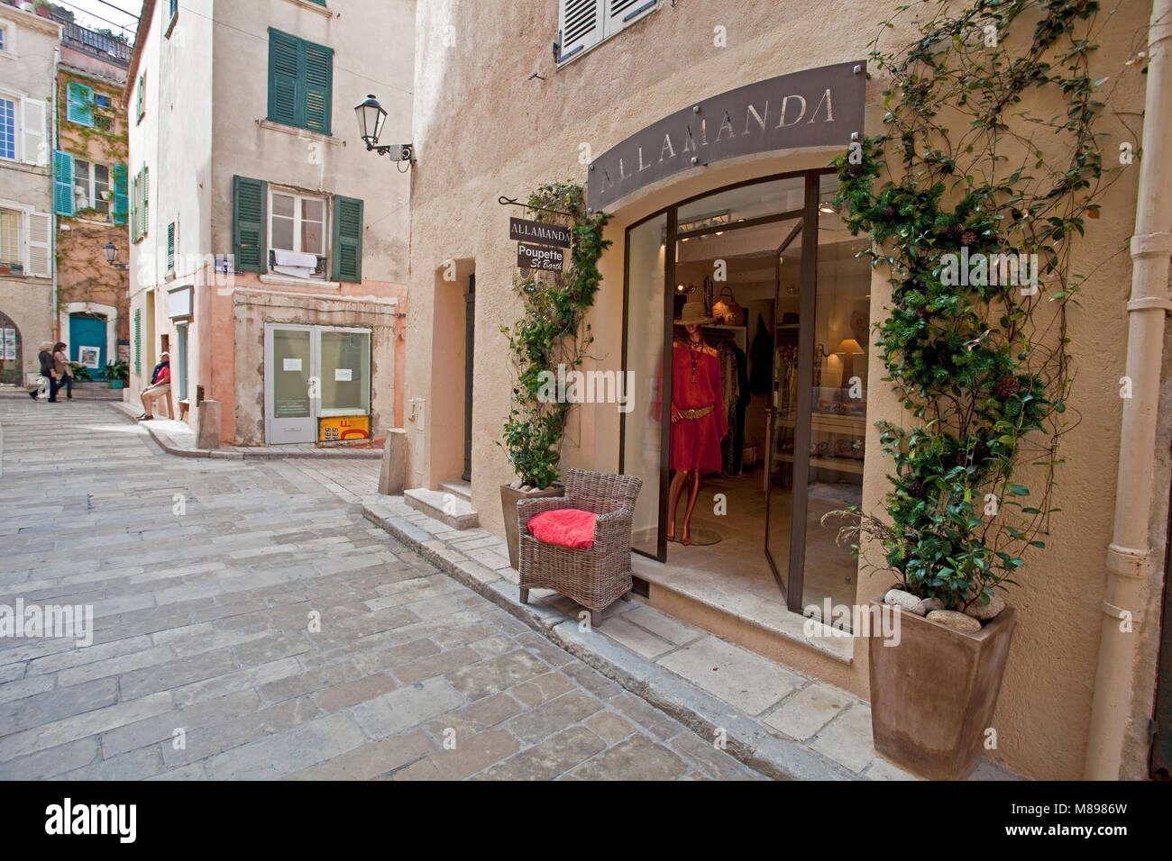 Fashion shop Allamanda at a alley, old town of Saint-Tropez, french riviera, South France, Cote d'Azur, France, Europe Stock Photo