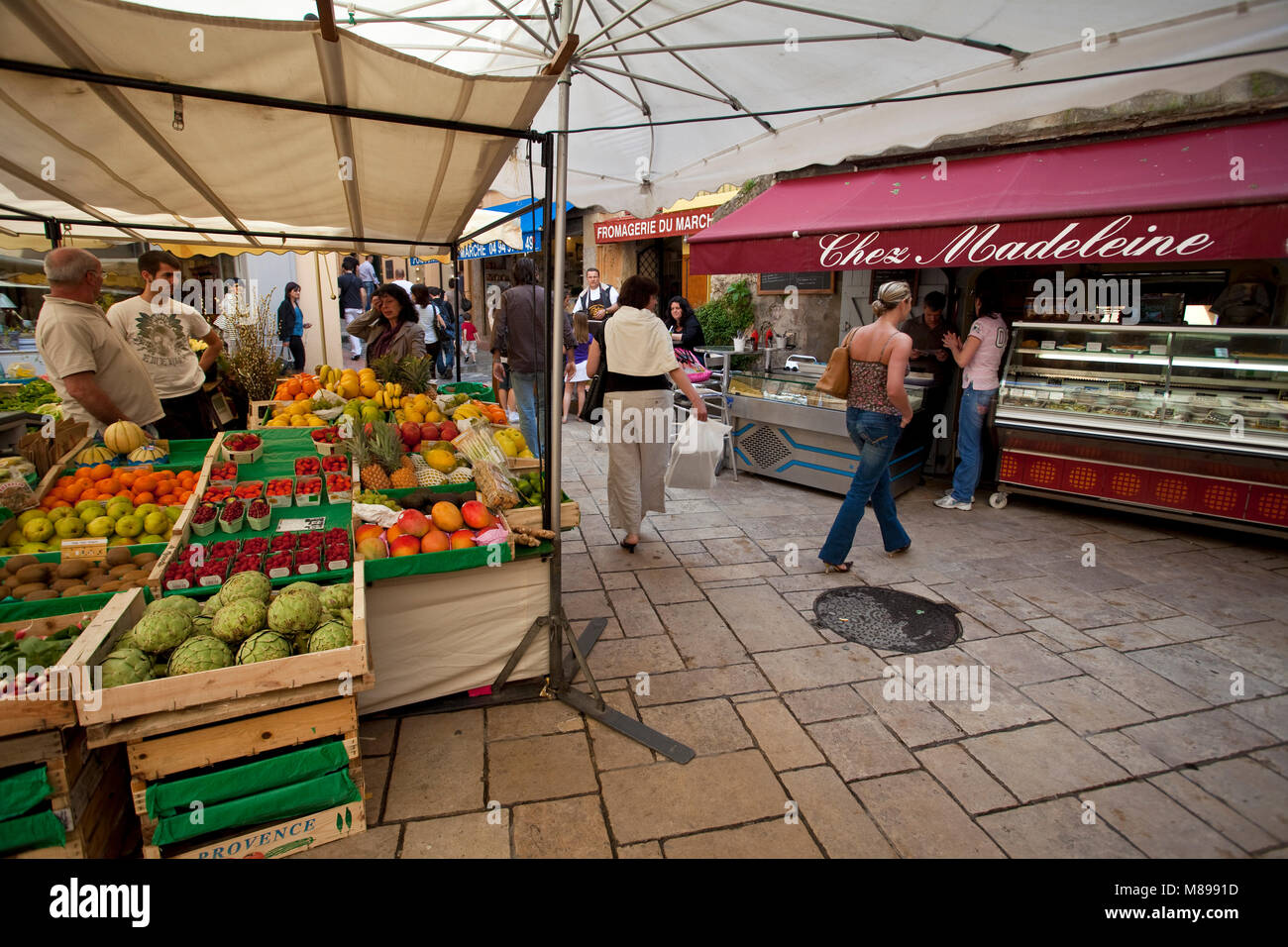 Small market at Place aux Herbes, old town of Saint-Tropez, french riviera, South France, Cote d'Azur, France, Europe Stock Photo