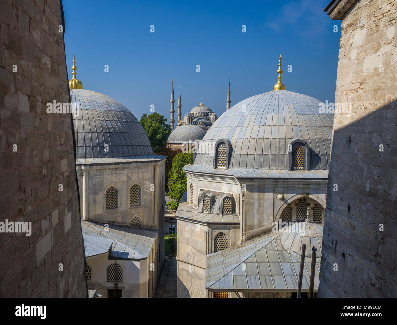 Unusual view of beautiful Blue Mosque in Istanbul. Turkey Stock Photo ...