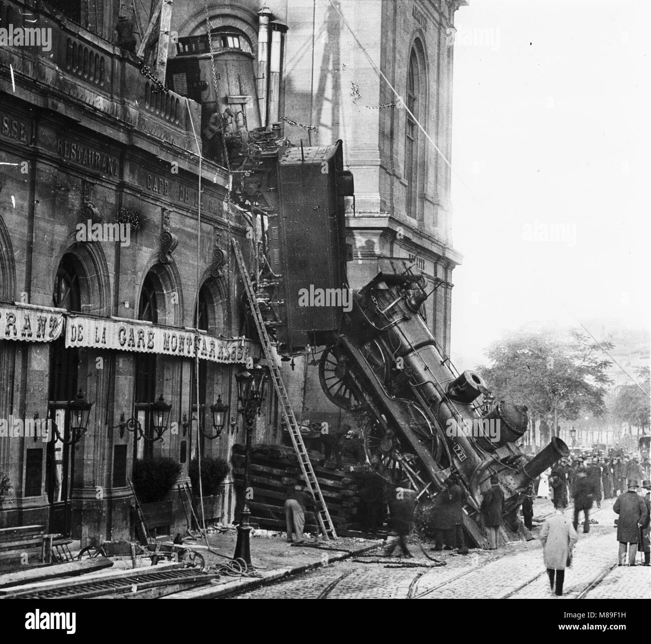 Steam Trains Crashes Through Facade of Gare Montparnasse, Paris, France, 1895 Stock Photo