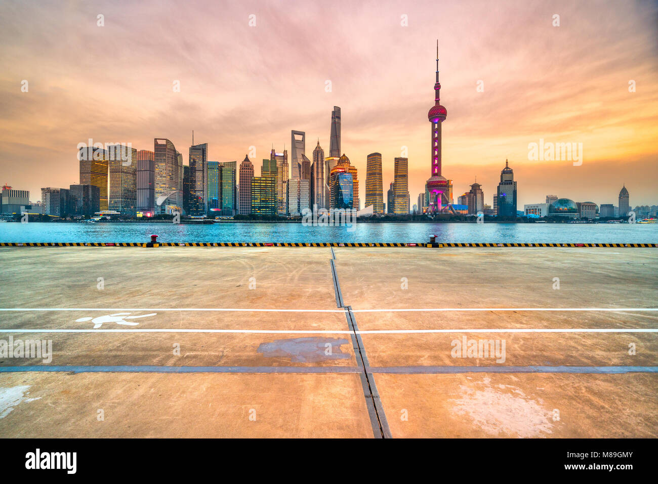 Shanghai city skyline, view of the skyscrapers of Pudong and huangpu River. China. Stock Photo