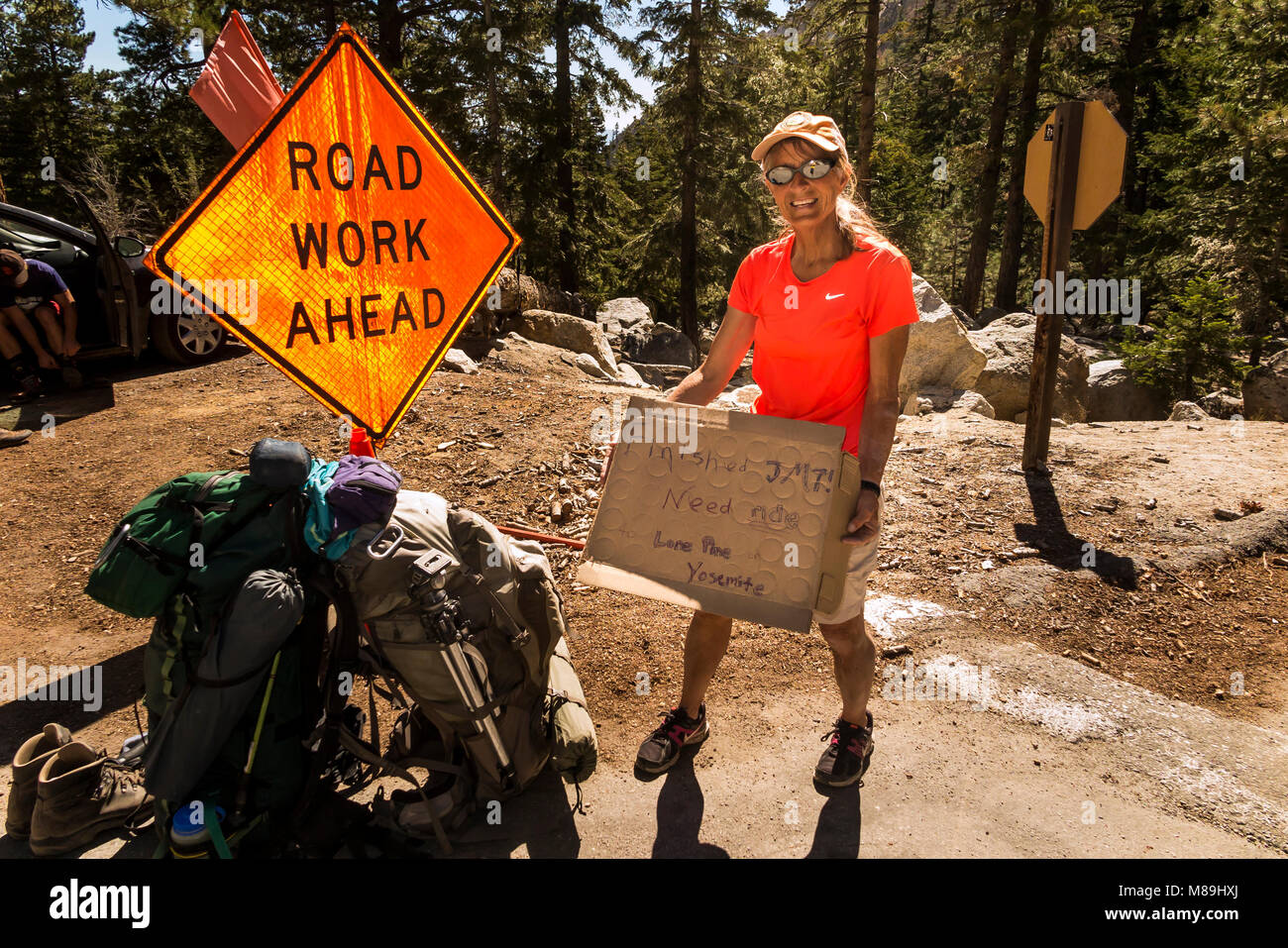CA03420-00...CALIFORNIA - Finished the trail walk of the John Muir Trail now the road work of hitch hiking back to our car. (MR# S1) Stock Photo
