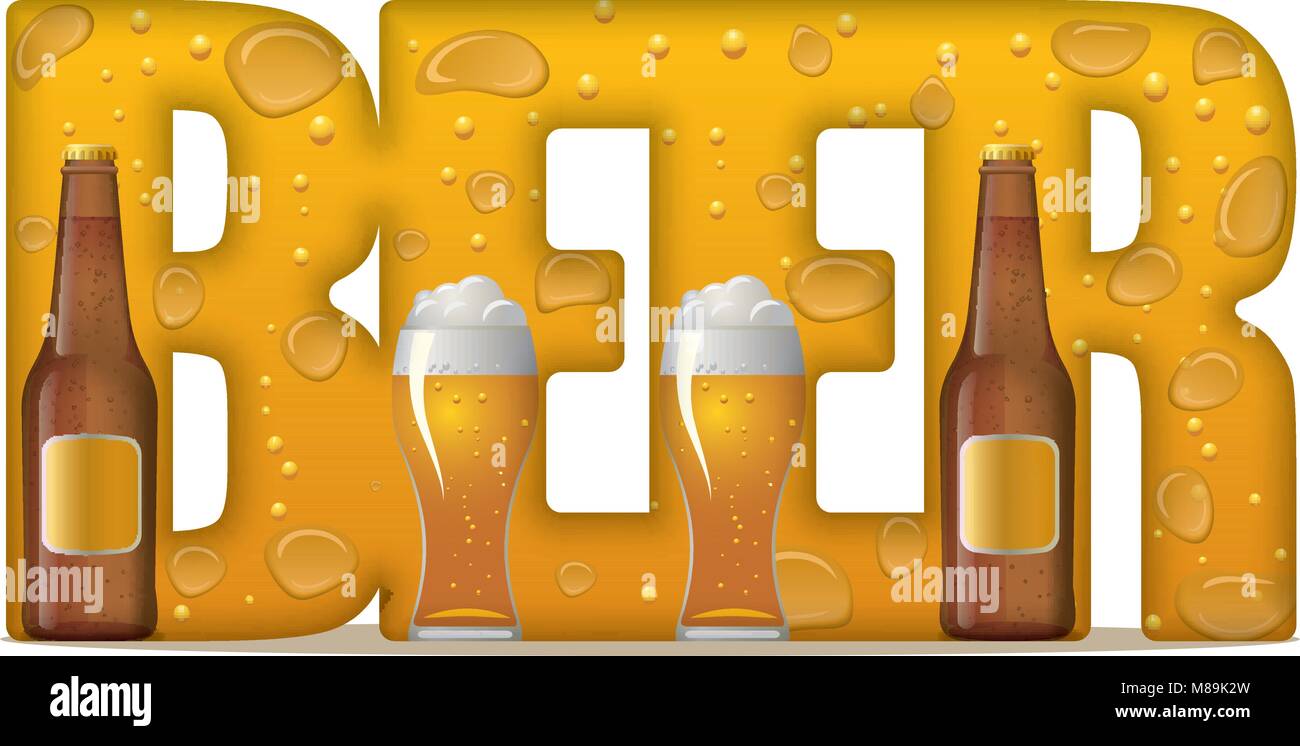 illustration of concept beer word inscription with bottles and glass