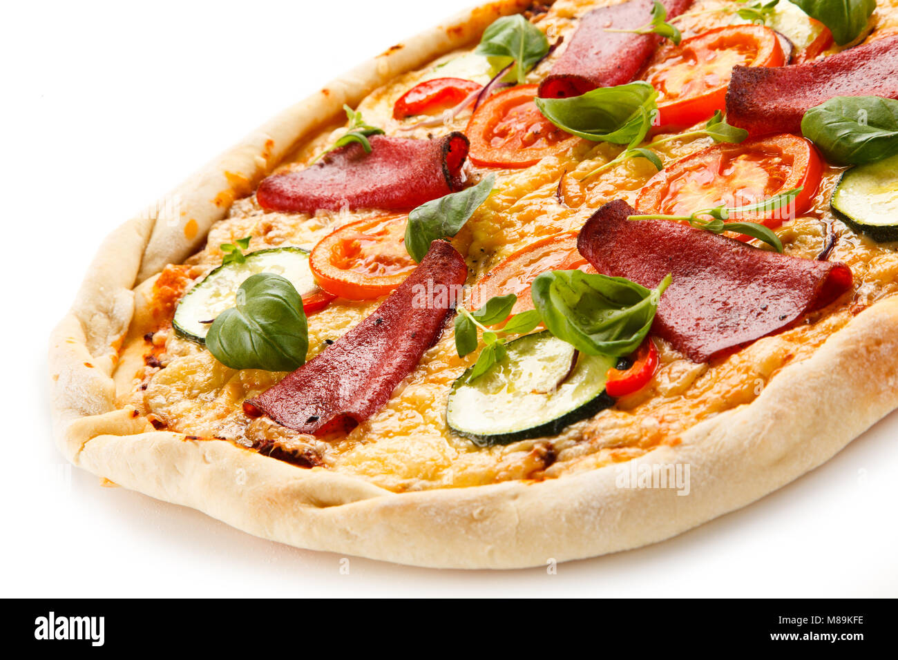 Pizza salami on white background Stock Photo