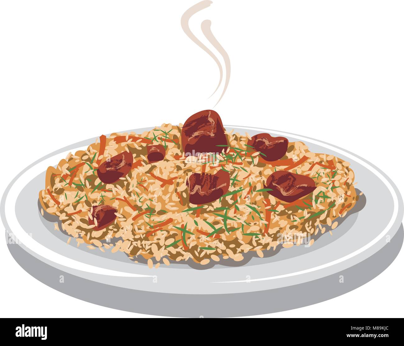 illustration of hot pilaf with rice, meat and carrot on plate Stock