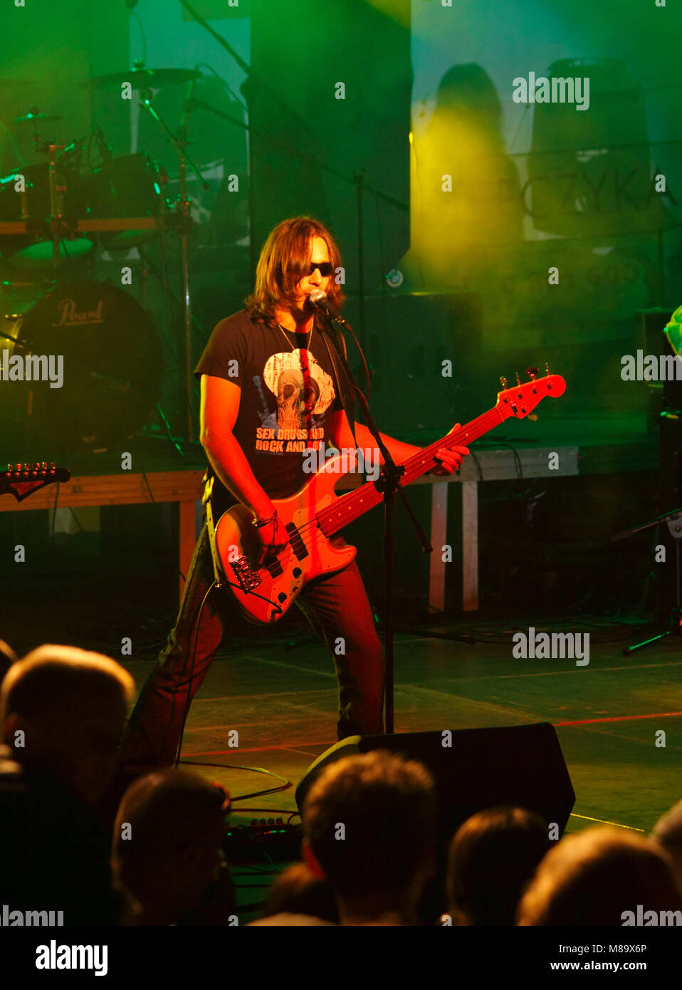 Oddzial Zamkniety (Polish rock band) in concert at Archeological Festival Dymarki Swietokrzyskie. Guitarist (and vocal). Nowa Slupia, Poland, 2010. Stock Photo