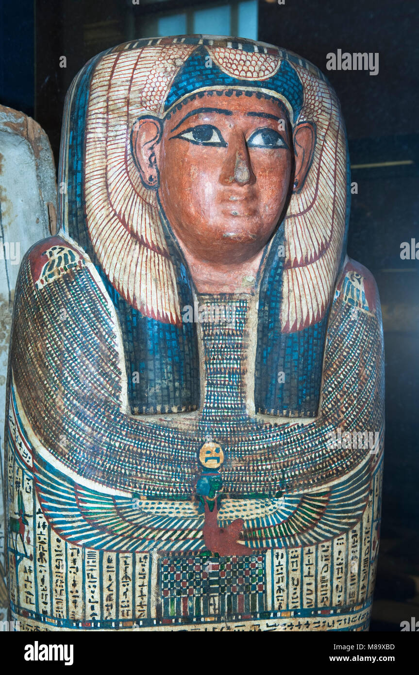 A painted wooden mummy case/coffin in the Department of Egyptian Antiquities, Musee du Louvre, Paris, France Stock Photo