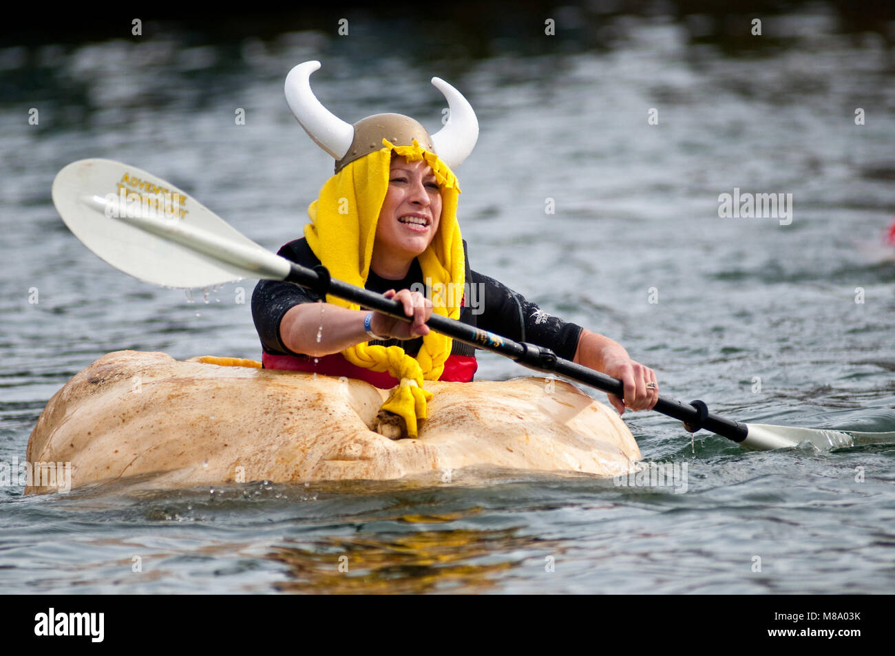 Cindy Tobeck - a giant pumpkin grower from Olympia, Washington - assumes the personna of 'Helga the Pumpkin Viking' as she paddles in her first giant  Stock Photo