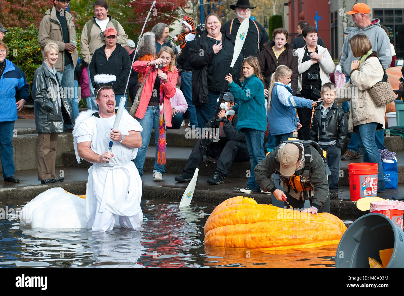 Giant pumpkin grower Brett Hesterof Canby, Oregon has a little fun while pumping out his crew compartment. Giant pumpkin growers from Oregon and Washi Stock Photo