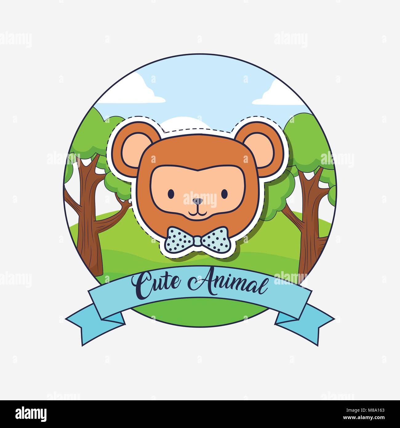 Cute animals design with monkey icon and decorative ribbon over forest and white background, colorful design. vector illustration Stock Vector