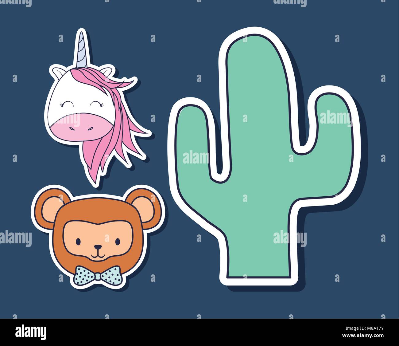 cactus with unicorn and monkey over blue background, colorful design. vector illustration Stock Vector