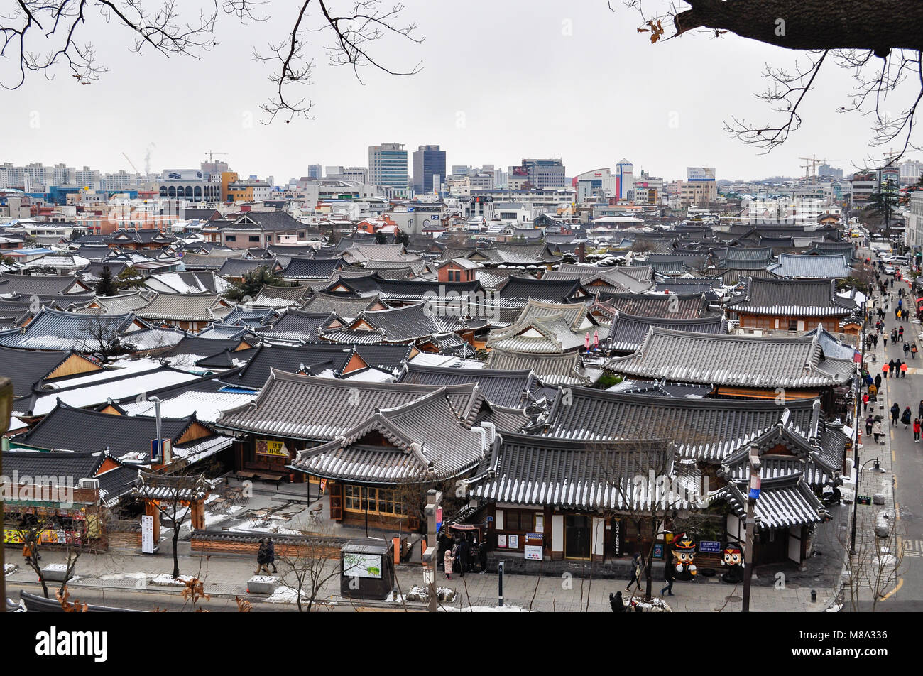 JEONJU SOUTH KOREA - Jan 23,2016 : Jeonju Hanok Village of Korean traditional houses's roof. Stock Photo